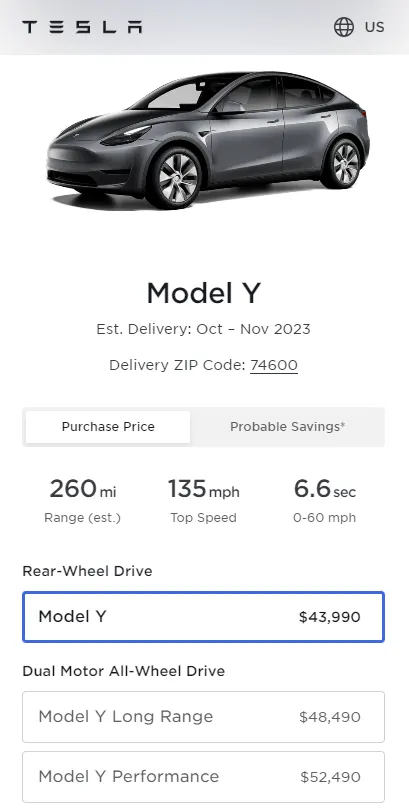 Screenshot: Prices of all the variants of the Tesla Model Y in the United States as of 7th October 2023 along with the new base Model Y RWD variant of the electric SUV. Source: Tesla online car configurator.