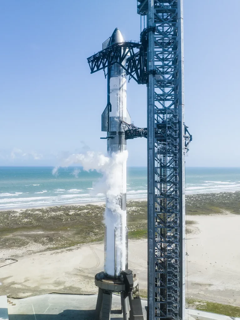 SpaceX Starship 25 stacked on Super Heavy Booster 9 onto the Orbital Launch Mount (OLM) at Starbase  — loaded with 10 million pounds of Liquid Oxygen (LOX) propellant (pre-launch wet dress rehearsal test).