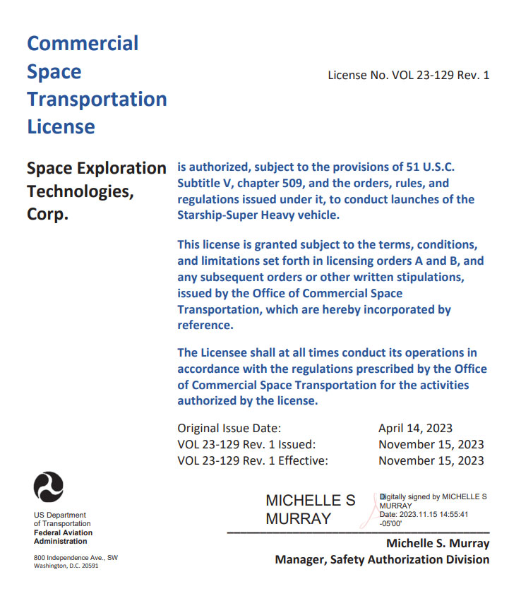 Screenshot of the Starship FAA License for the 2nd orbital flight test launch scheduled for 17th November 2023 with alternative backup dates.