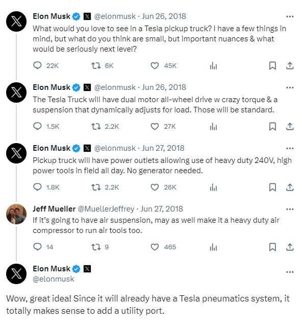 Screenshot of Elon Musk's tweetstorm from 2018 discussing features of the then upcoming Tesla pickup truck later on named the Cybertruck.
