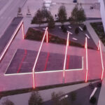 Tesla's Gigafactory Texas entrance decorated with a light tunnel for the Cybertruck Delivery Event presentation.