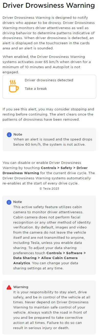Tesla Driver Drowsiness Warning feature explained in the Tesla Model 3 Highland Owner's Manual for Europe.