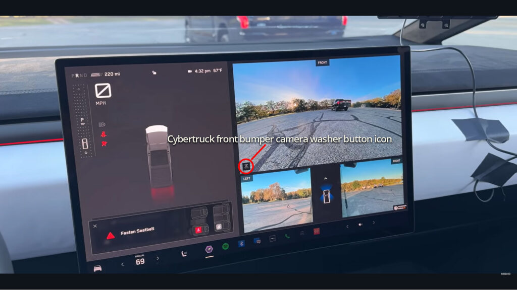 Tesla Cybertruck UI screenshot showing camera video feeds for front bumper and side cameras. The front camera washer icon is marked with a red circle.