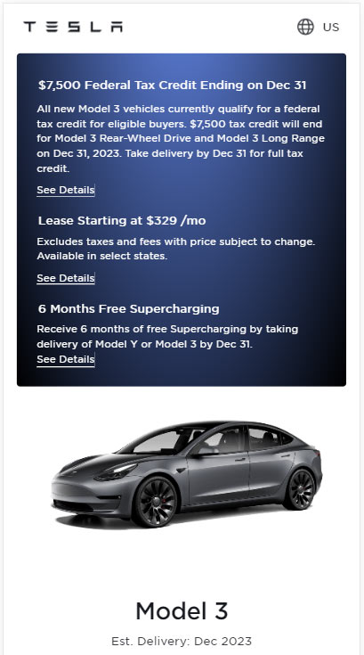 Screenshot of the Tesla Model 3 online configurator for the United States, showing the phase-out of the federal tax credit.
