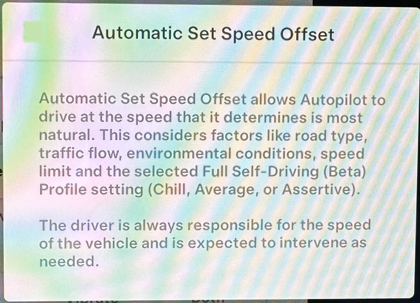 Screenshot of the FSD Beta 12 Automatic Set Speed Offset feature's information dialog box.