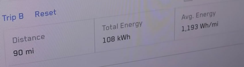 Screenshot: Range and energy consumption figures of the Tesla Cybertruck after towing 11,000 lbs and draining the entire battery.