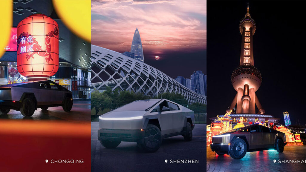 Tesla brings the Cybertruck to multiple Chinese cities. Pictured above (left to right) Chongqing, Shenzhen, Shanghai.