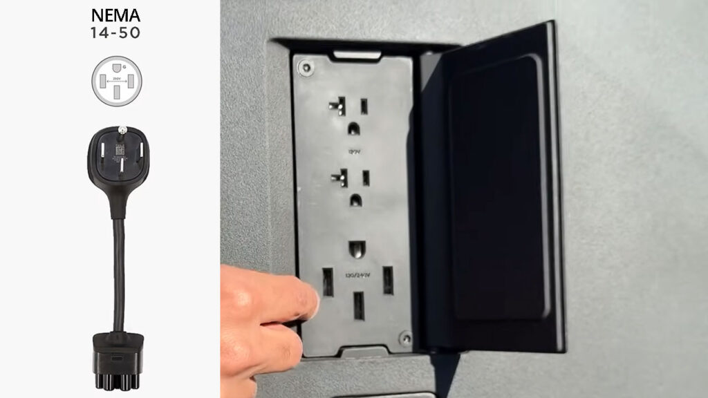 A NEMA 14-50 charging plug (left) and the corresponding 240-volt power outlet of the Tesla Cybertruck.