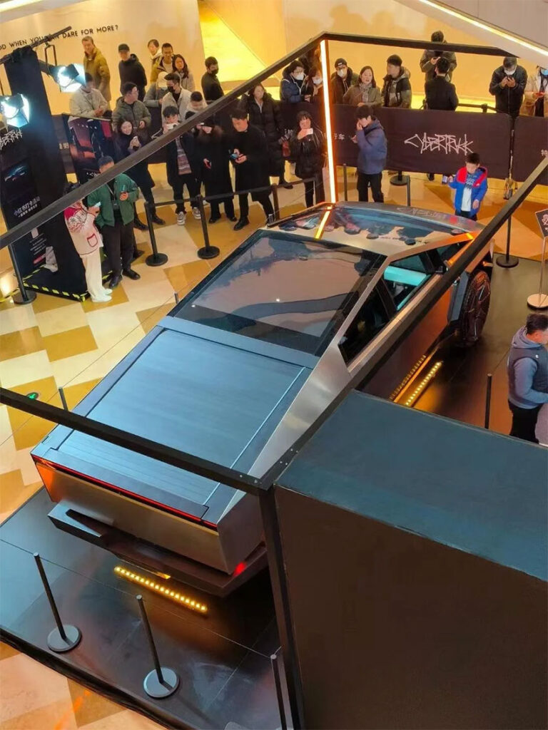 Aerial photo of the Tesla Cybertruck on display at the Tesla Store in Shanghai, China.