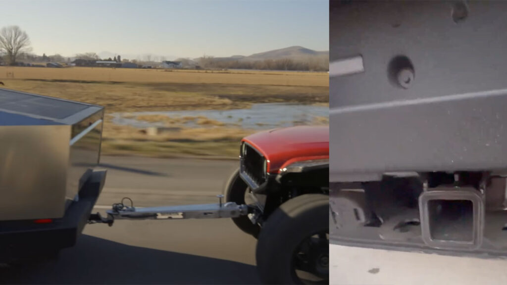 Tesla Cybertruck towing a 3,000lbs Brawley EV (left) and its exposed tow hitch after removing bumper cover (right).