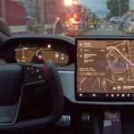 Tesla Autopilot FSD v12 driving visualizations running on a Model S instrument cluster and navigation maps showing on the center display.