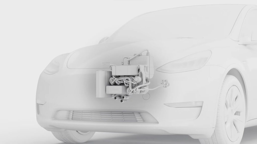 3D illustration of a Tesla Heat Pump installed behind the vehicle's front trunk space (frunk).