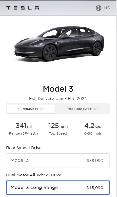 Screenshot of the Tesla Model 3 Highland car configurator for the United States showing basic specs and price of the Long Range AWD variant of the electric vehicle.