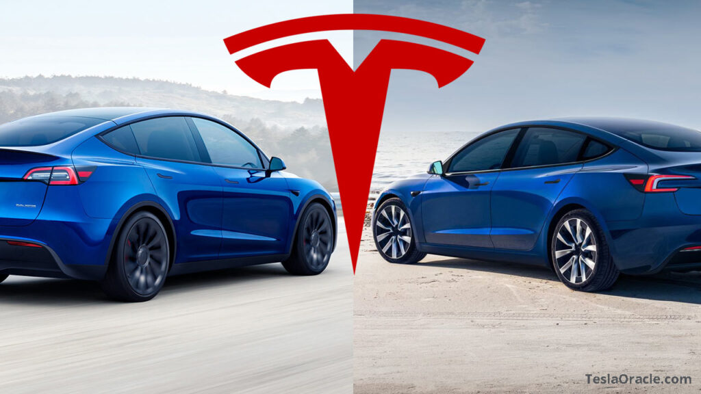 A blue Tesla Model Y electric SUV (left) and a blue Tesla Model 3 Highland (right) with the Tesla (TSLA) logo in the middle.