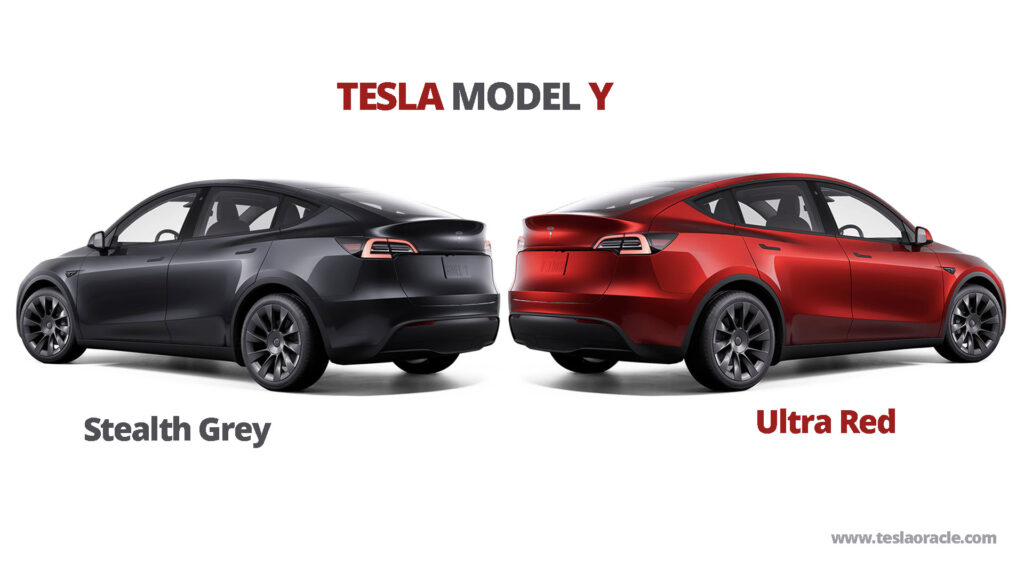 Tesla Model Y electric SUV in new Stealth Grey and Ultra Red colors launched in the USA and Canada in 2024.