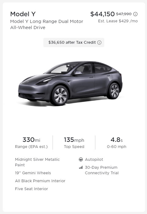 Screenshot: A Tesla Model Y is priced at $44,150 and after the $7,500 federal tax credit, it costs only $36,650.