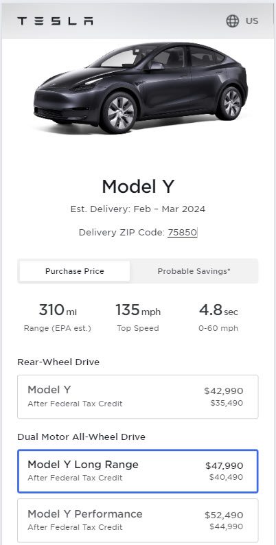 A brand new Tesla Model Y Long Range AWD electric SUV with no extra premium options costs $40,450 after the $7,500 federal EV tax incentive.
