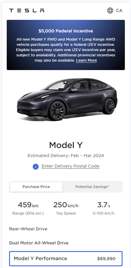 Screenshot of the Tesla online car configurator for Canada showing the Model Y Performance price and iZEV eligibility information.