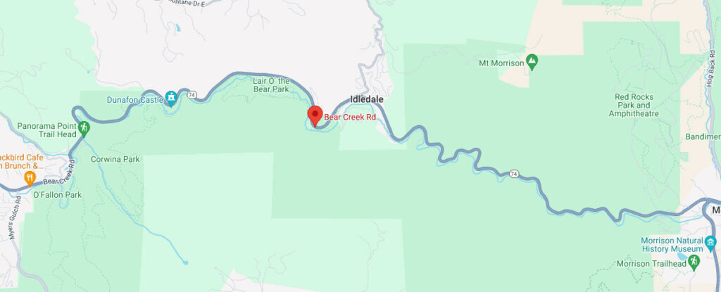 Map of Bear Creek Road, CO shows how curvy this path is, it's as difficult as a complex race track like the Laguna Seca with multiple corkscrew turns. 