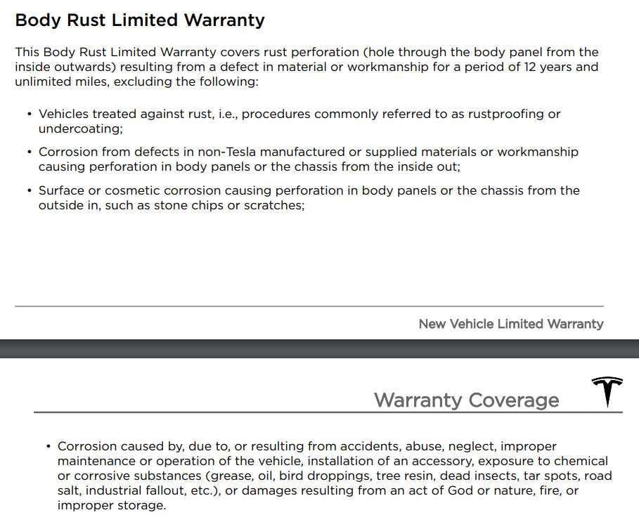 Tesla Cybertruck's body rust warranty details from the official warranty document pdf.