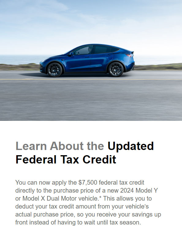 Screenshot of the Tesla email announcing the direct deduction of prices with the $7,500 federal EV tax incentive at the time of purchase of the Model Y and Model X.