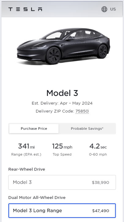 Screenshot: Tesla Model 3 prices in the US as of 18th Feb 2024.