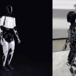 Tesla Optimus Gen 2.0 humanoid robot in almost final form (left), the Gen 2 development version walking inside the Fremont factory (right).