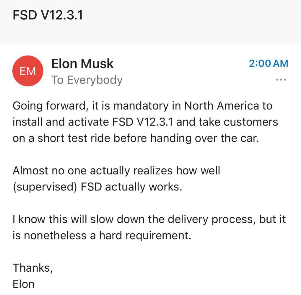 In a leaked Tesla, Inc. (TSLA) email, CEO Elon Musk mandates Tesla cars in North America to be pre-installed with FSD Beta v12.3.1 (2023.44.30.30) for a test ride to its customers.