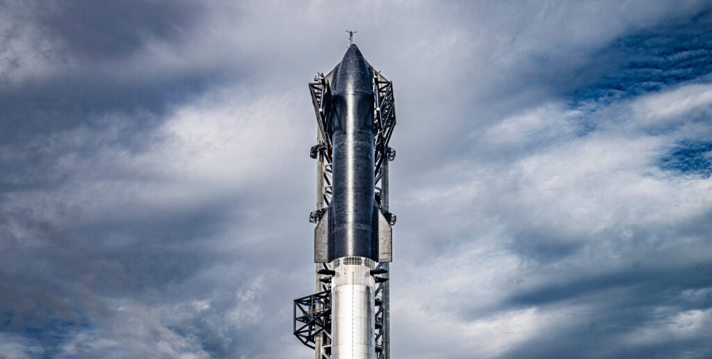 Starship 28 (2nd/upper stage/S28) mounted on Super Heavy Booster 10 (1st stage/B10) on the OLM at SpaceX Starbase  — ready for Flight 3 (IFT-3) orbital launch test.