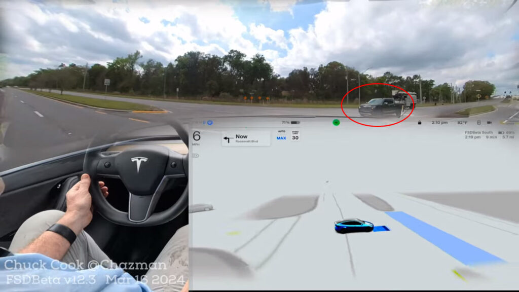 A fast approaching pickup truck dazzles Tesla Autopilot (FSD Beta v12.3) while the car was taking an unprotected left turn (UPL) at a complex intersection with variable traffic scenarios.