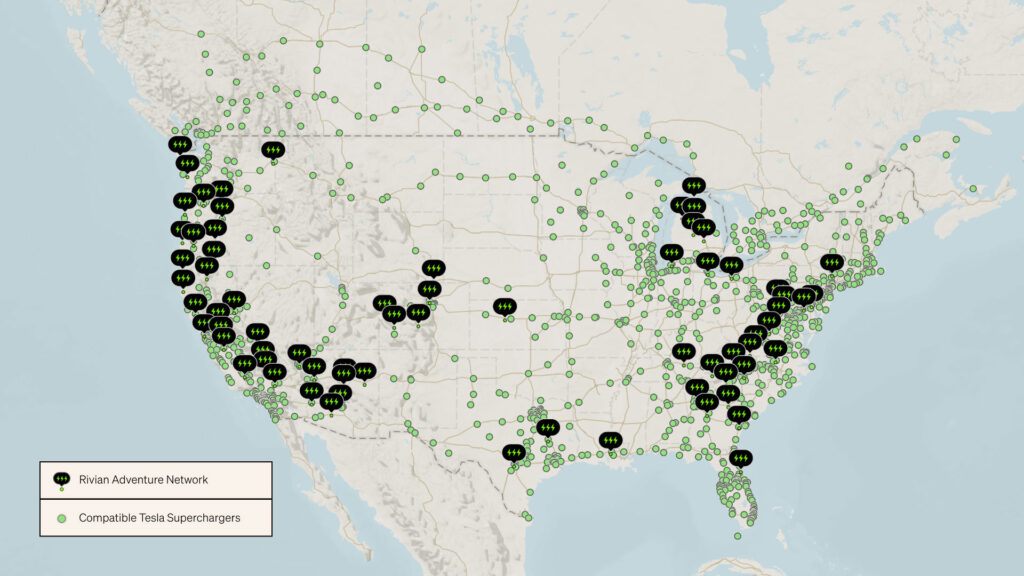 Map of the Tesla Supercharger and Rivian Adventure Network charging locations in the US and Canada.