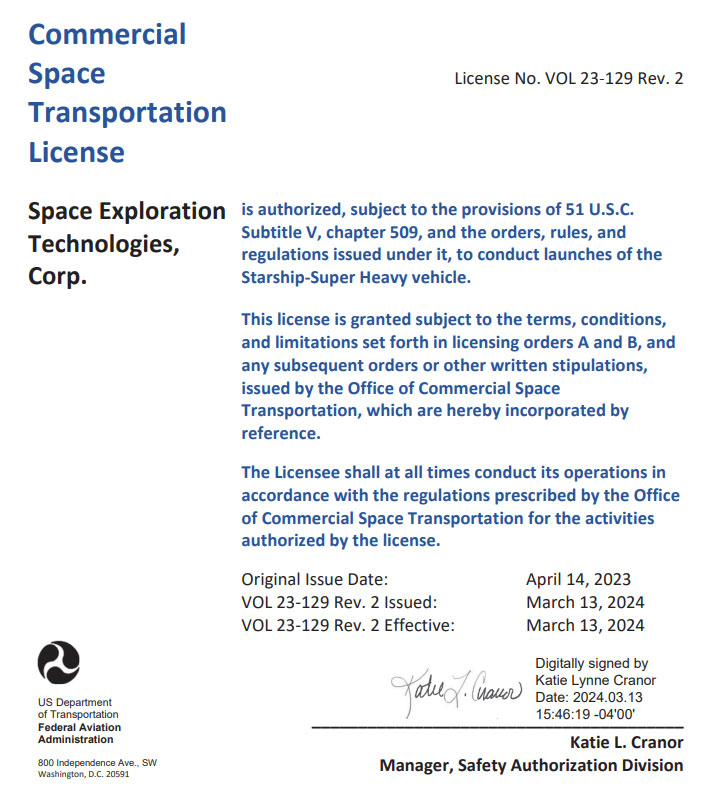 Screenshot of the FAA SpaceX Starship Flight 3 (IFT-3) license document.