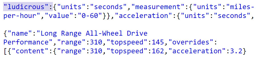 Screenshot: The source code lines that detail the Tesla Model 3 Ludicrous variant and its performance specifications.
