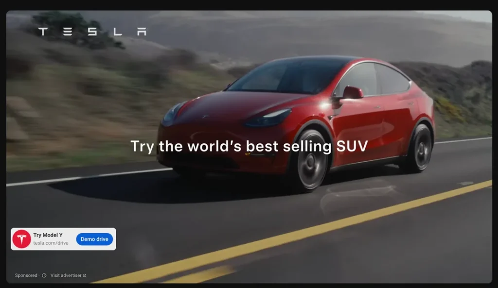 Tesla running a Model Y ad on YouTube. The ad says "Try the world's best-selling SUV".