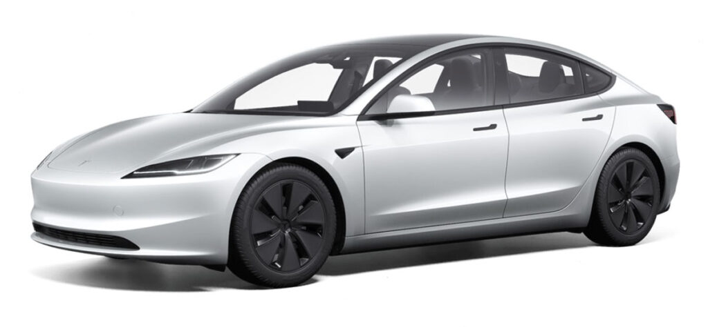 Front fascia and side profile design of the Tesla Model 3 Highland RWD and Long Range AWD variants.