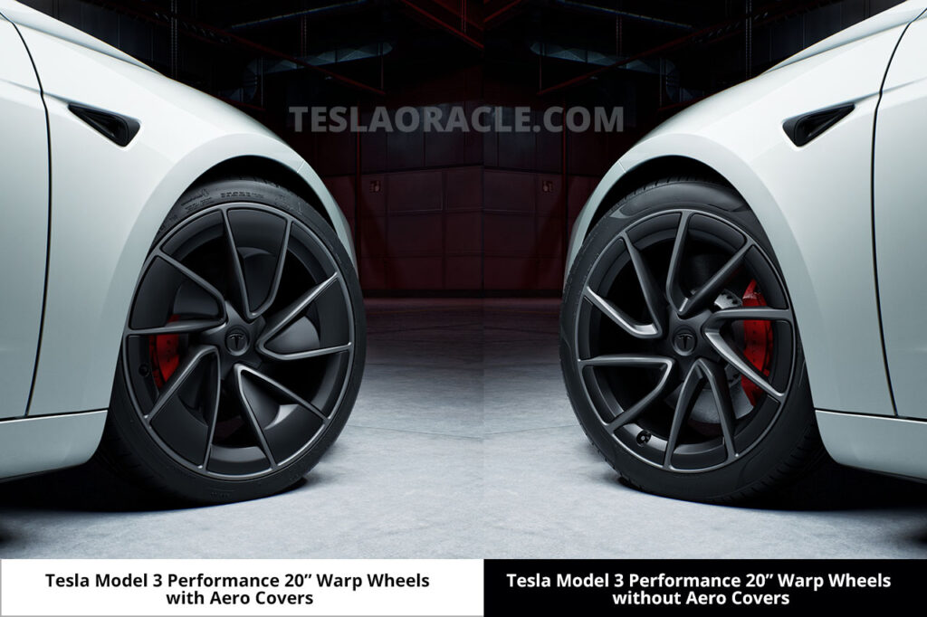 Tesla Model 3 Performance (Highland Ludicrous) 20" Warp Wheels with Aero Covers (left) and without the Aero Covers (right).