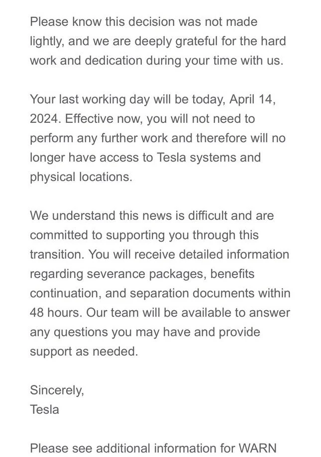 Screenshot: Tesla's official email to employees who were fired after Elon Musk's announcement of laying off 10% workforce around the globe.