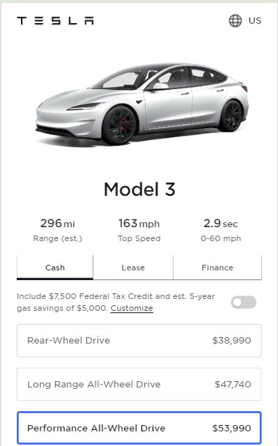 Screenshot: Prices of all the variants of the Tesla Model 3 in the United States as of 27th April 2024. Source: Tesla online car configurator.