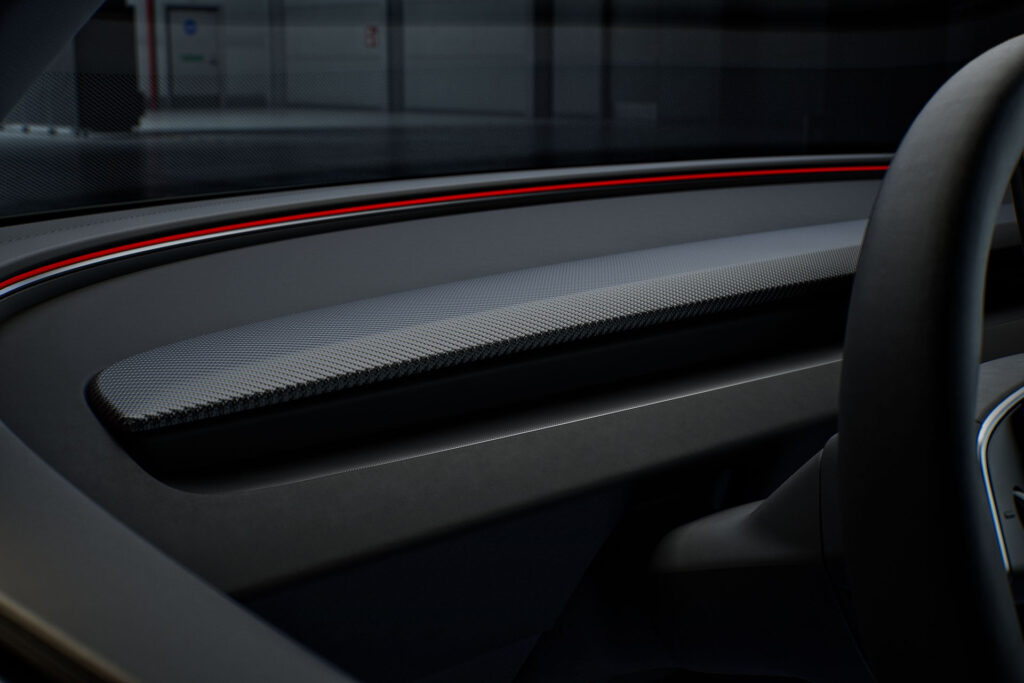 Carbon fiber dashboard trim specially designed for the updated Tesla Model 3 Performance interior.