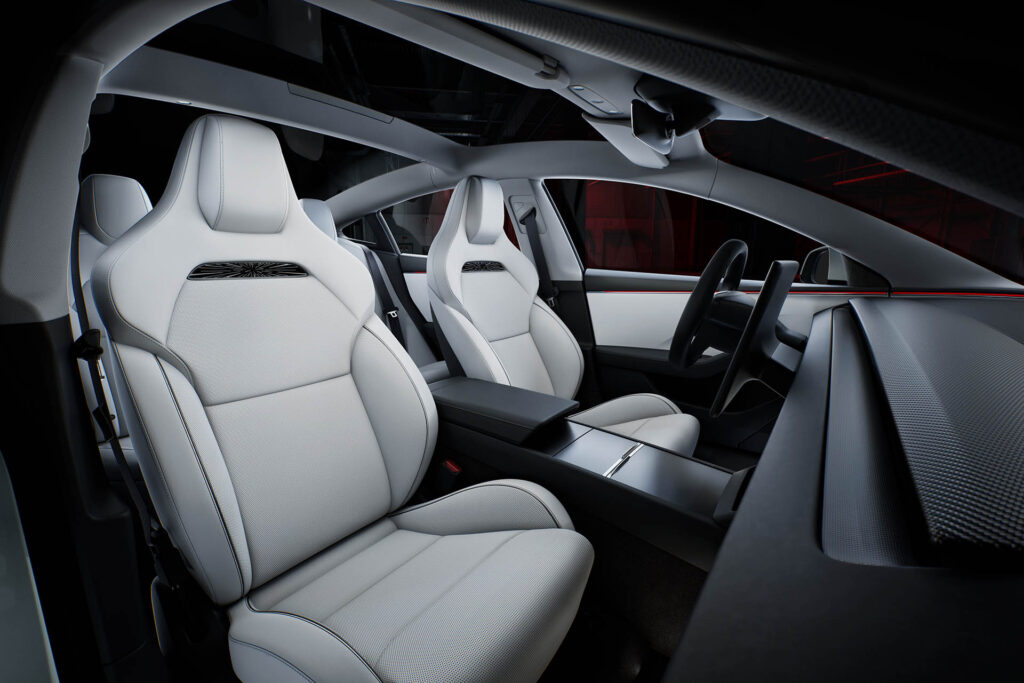 Tesla Model 3 Performance bespoke Sport Seats designed for safety and comfort at high acceleration and race track dynamics.