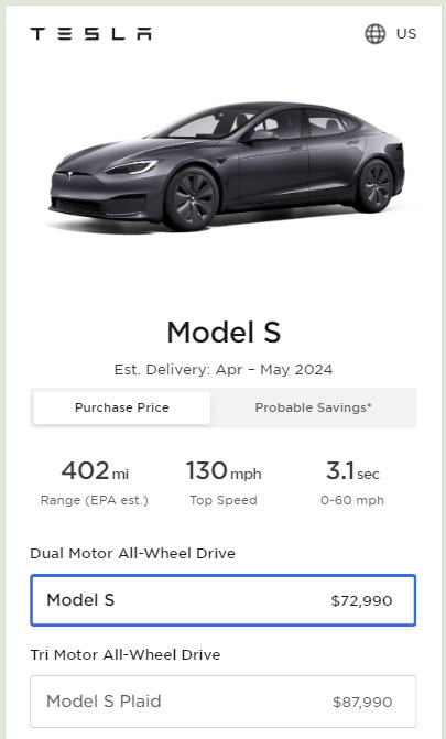 Screenshot: Prices of all the variants of the Tesla Model S in the United States as of 20th April 2024.