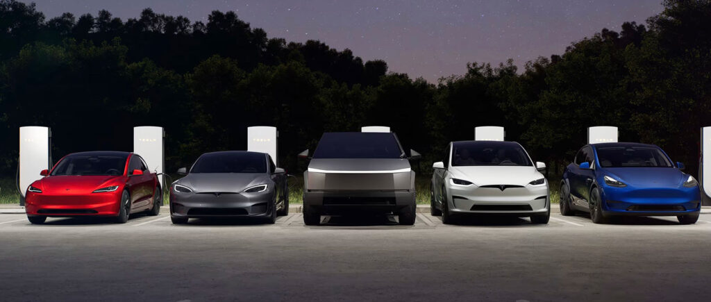 From left to right: Tesla Model 3 Highland, Model S, Cybertruck, Model X, and Model Y.
