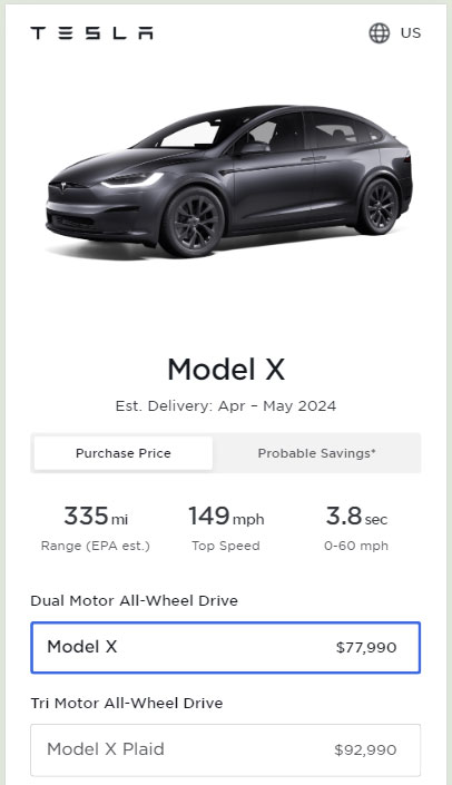 Screenshot: Prices of all the variants of the Tesla Model X in the United States as of 20th April 2024.