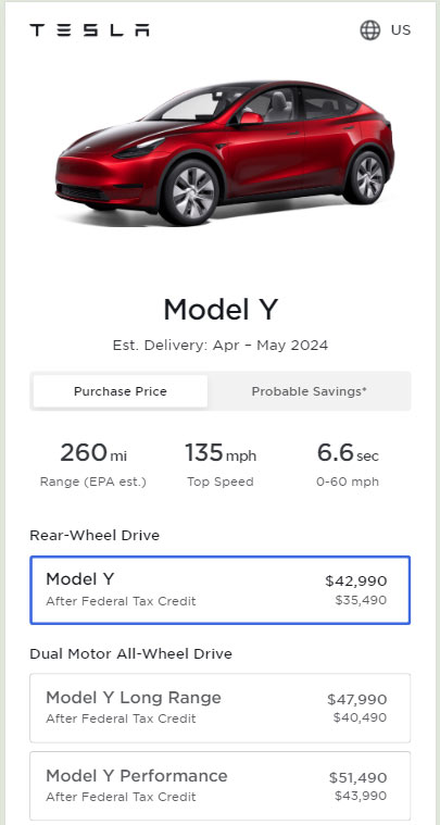 Screenshot: Prices of all the variants of the Tesla Model Y in the United States as of 20th April 2024. 