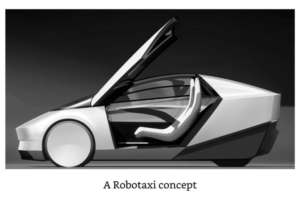 A conceptual render of the smaller two-seat autonomous Tesla Robotaxi vehicle based on the leaked design from the Tesla Design Center in 2023.