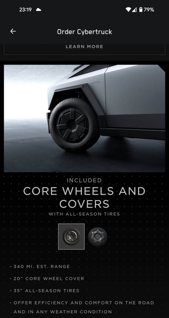 The new Cybertruck Foundation Series Core Wheels and Covers (screenshot from the Cybertruck configurator).