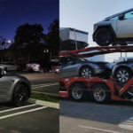 Tesla Model Y Quicksilver spotted in California at night (left), two Quicksilver Model Ys loaded on a car carrier trailer along with a bunch of Cybertrucks being delivered in California (right).