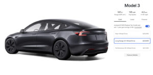 Screenshot: Prices of all the variants of the Tesla Model 3 in the United States as of 28th June 2024. Tesla Model 3 Long Range AWD costs only $1K more than the base RWD variant.