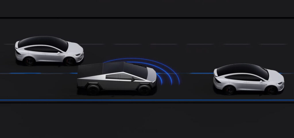 Tesla Cybertruck animation screenshot as it autonomously changes lane on Autopilot/FSD. 