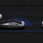 Tesla Cybertruck animation screenshot as it autonomously changes lane on Autopilot/FSD.